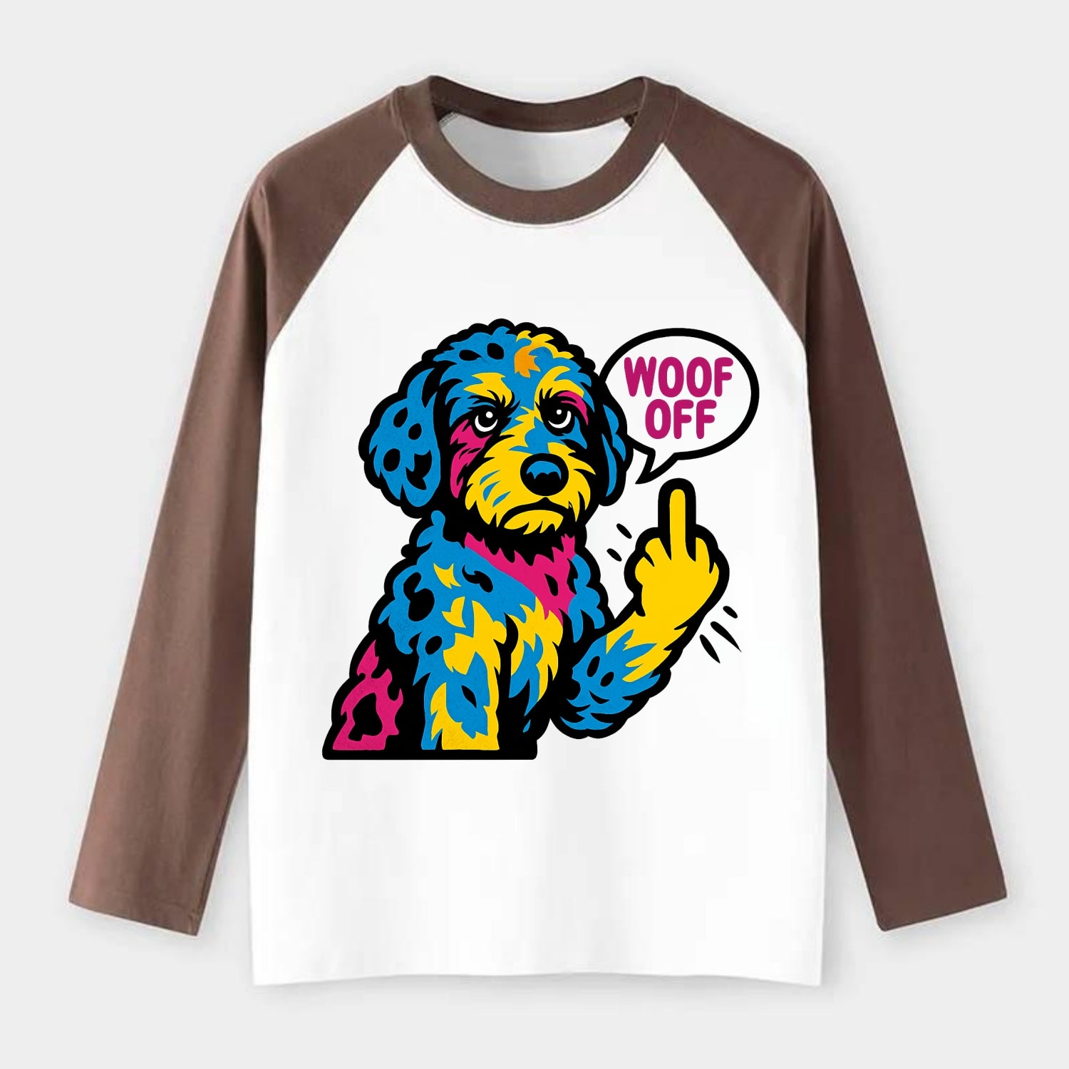 Aussiedoodle with merle patches and curly coat, playful smart paw - Raglan Long Sleeve T-Shirt - Coffee