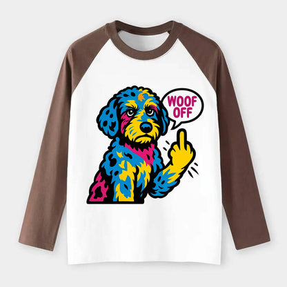 Aussiedoodle with merle patches and curly coat, playful smart paw - Raglan Long Sleeve T-Shirt - Coffee