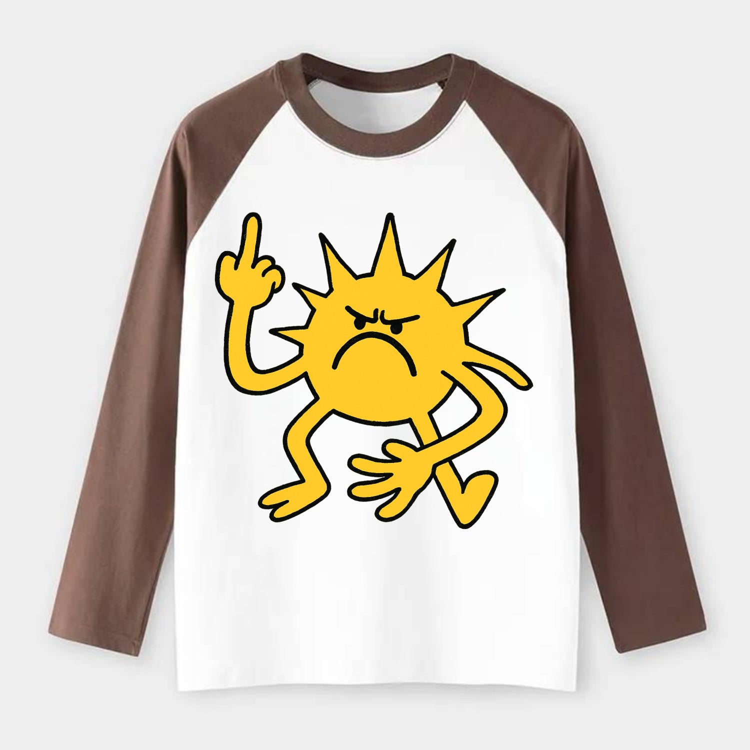 MORNINGS ARE PUNISHMENT | Grumpy sun with middle finger - Raglan Long Sleeve T-Shirt - Coffee