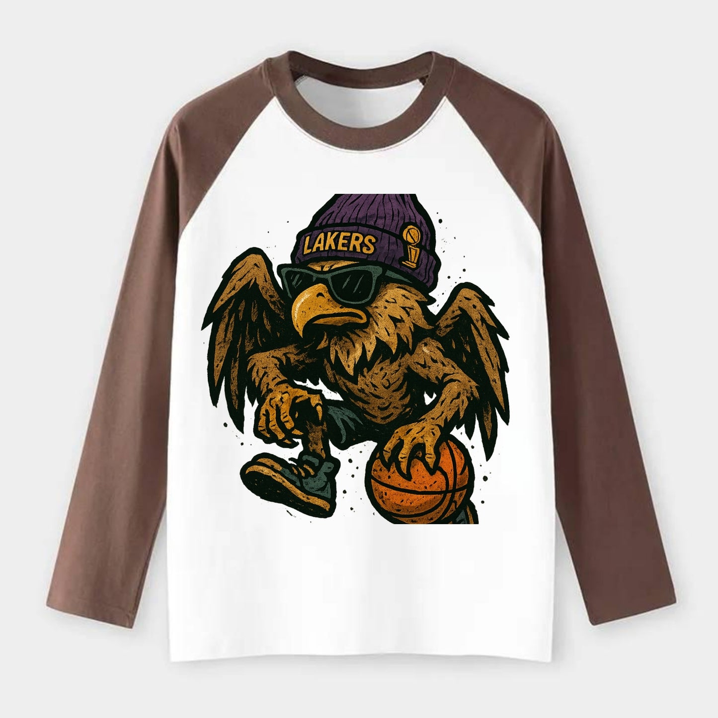 Los Angeles Golden Eagle wearing Lakers beanie with trophy patch and - Raglan Long Sleeve T-Shirt - Coffee
