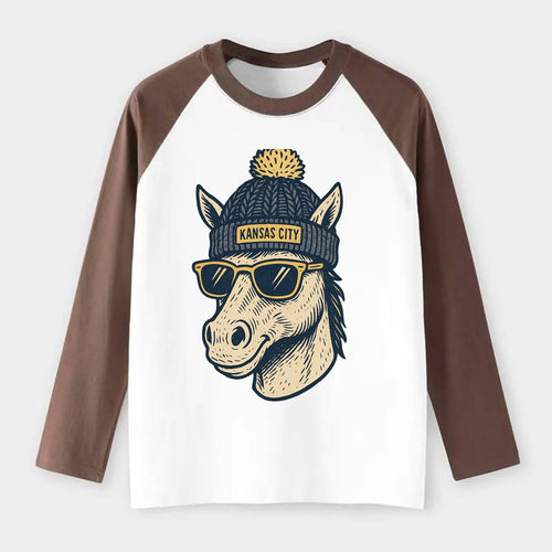Missouri Mule wearing Kansas City beanie with pom pom and wayfarer - Raglan Long Sleeve T-Shirt