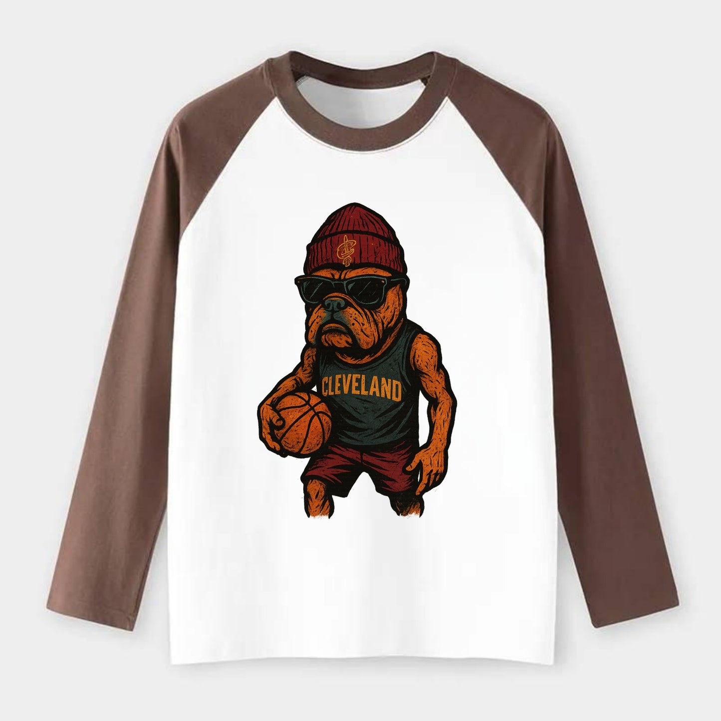 Cleveland Bulldog wearing Cavaliers wine and gold beanie with sword - Raglan Long Sleeve T-Shirt - Coffee