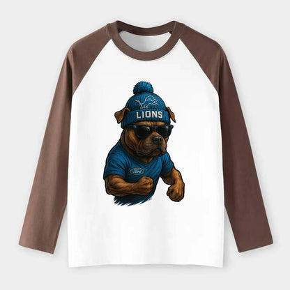 Detroit Pitbull wearing Lions beanie with auto patch and wayfarer - Raglan Long Sleeve T-Shirt - Coffee