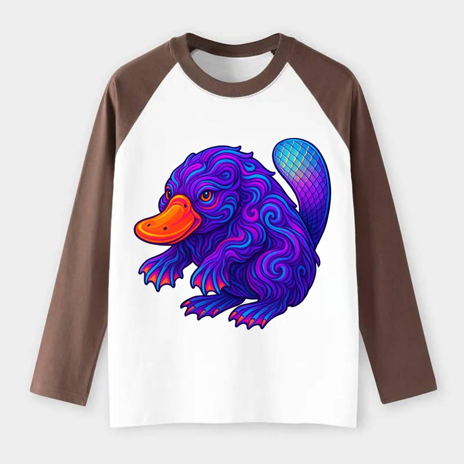 Quirky platypus with bill glowing in neon orange, beaver tail with - Raglan Long Sleeve T-Shirt - Coffee