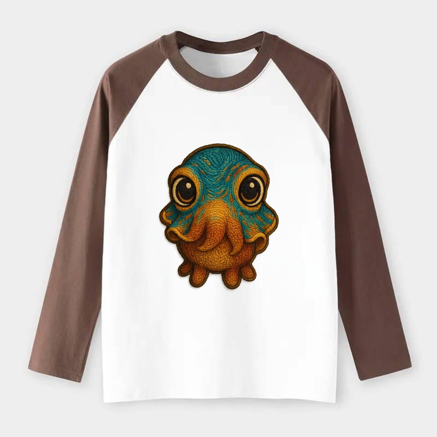 Baby Cuttlefish - color-changing skin, W-shaped pupil, front-facing, - Raglan Long Sleeve T-Shirt - Coffee