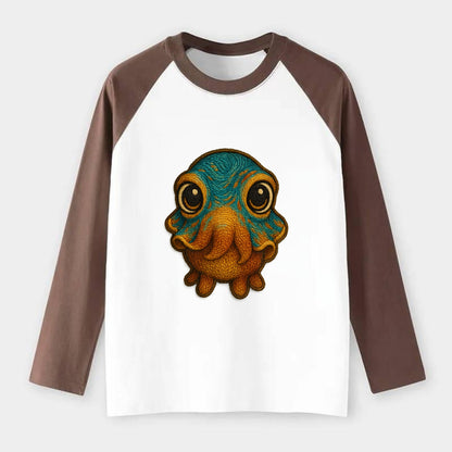 Baby Cuttlefish - color-changing skin, W-shaped pupil, front-facing, - Raglan Long Sleeve T-Shirt - Coffee
