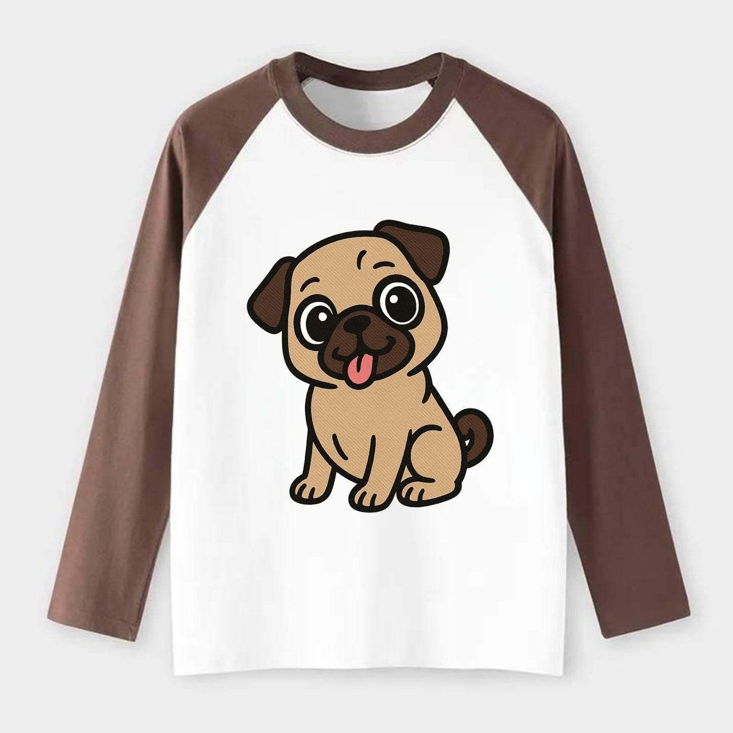 Pug - Tilted head with tongue out - Raglan Long Sleeve T-Shirt - Coffee