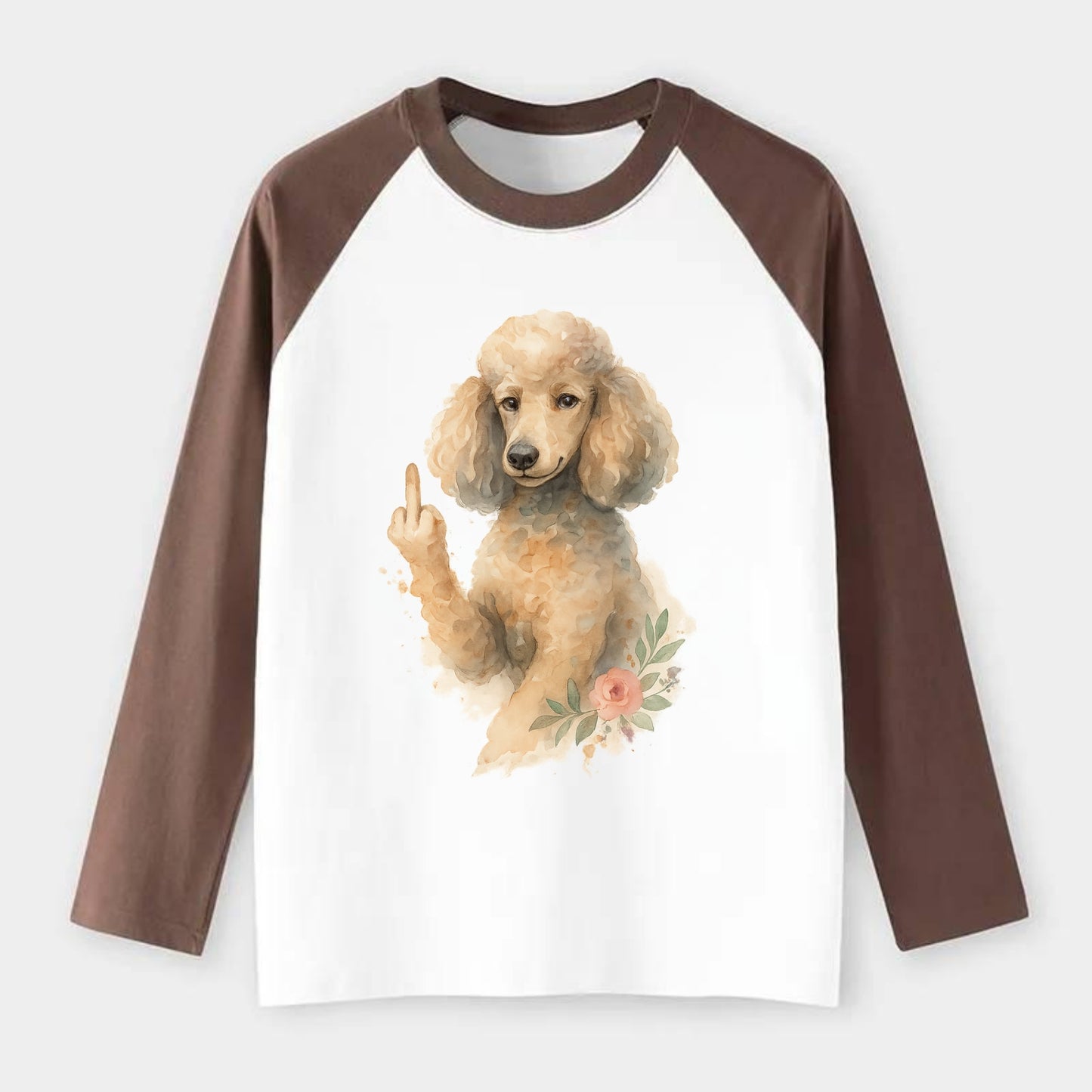 Standard Poodle with curly styled coat, intelligent face, fancy paw - Raglan Long Sleeve T-Shirt - Coffee