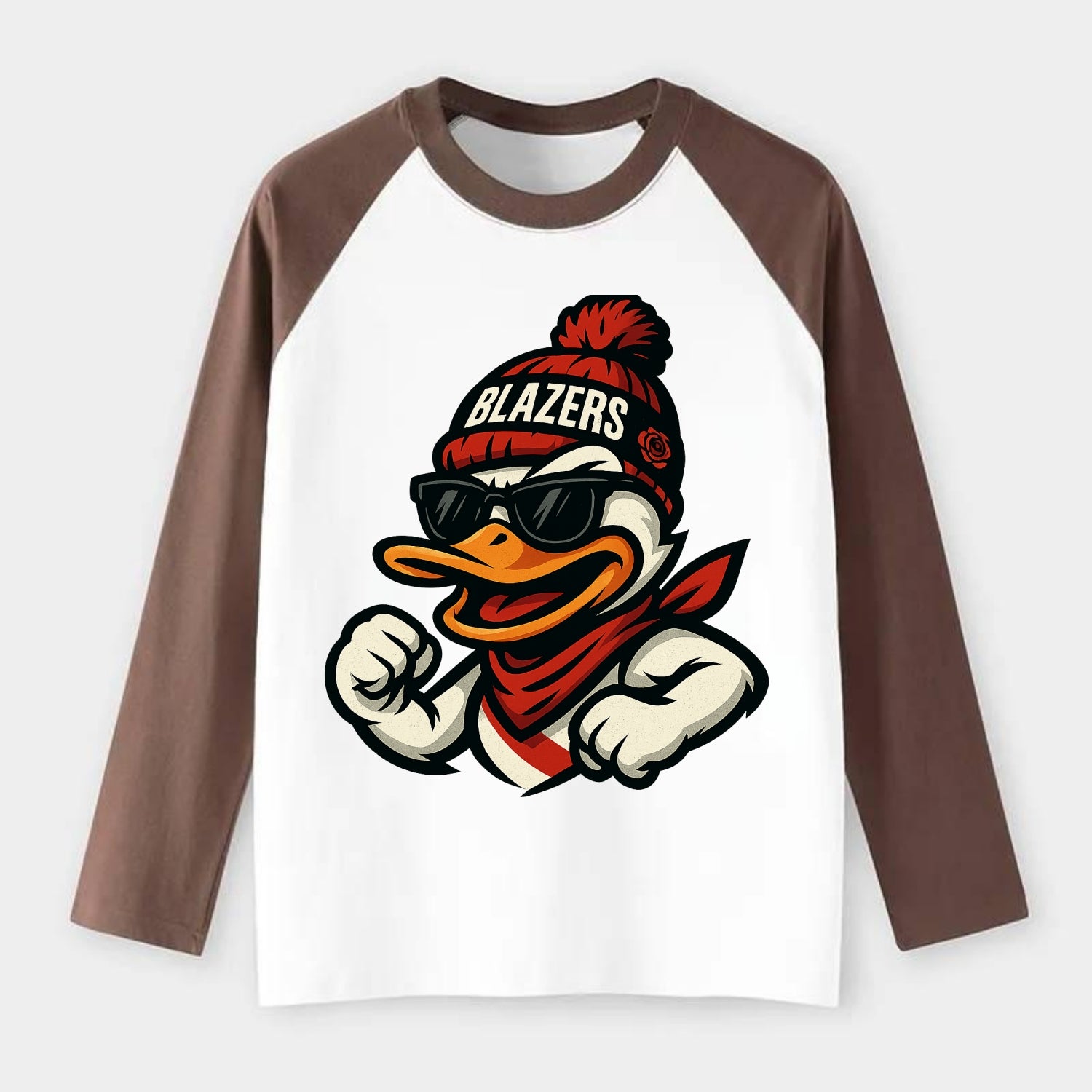 Oregon Duck wearing Trail Blazers beanie with rose patch and wayfarer - Raglan Long Sleeve T-Shirt - Coffee