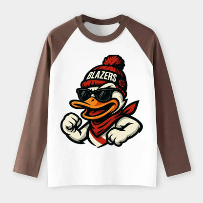 Oregon Duck wearing Trail Blazers beanie with rose patch and wayfarer - Raglan Long Sleeve T-Shirt - Coffee