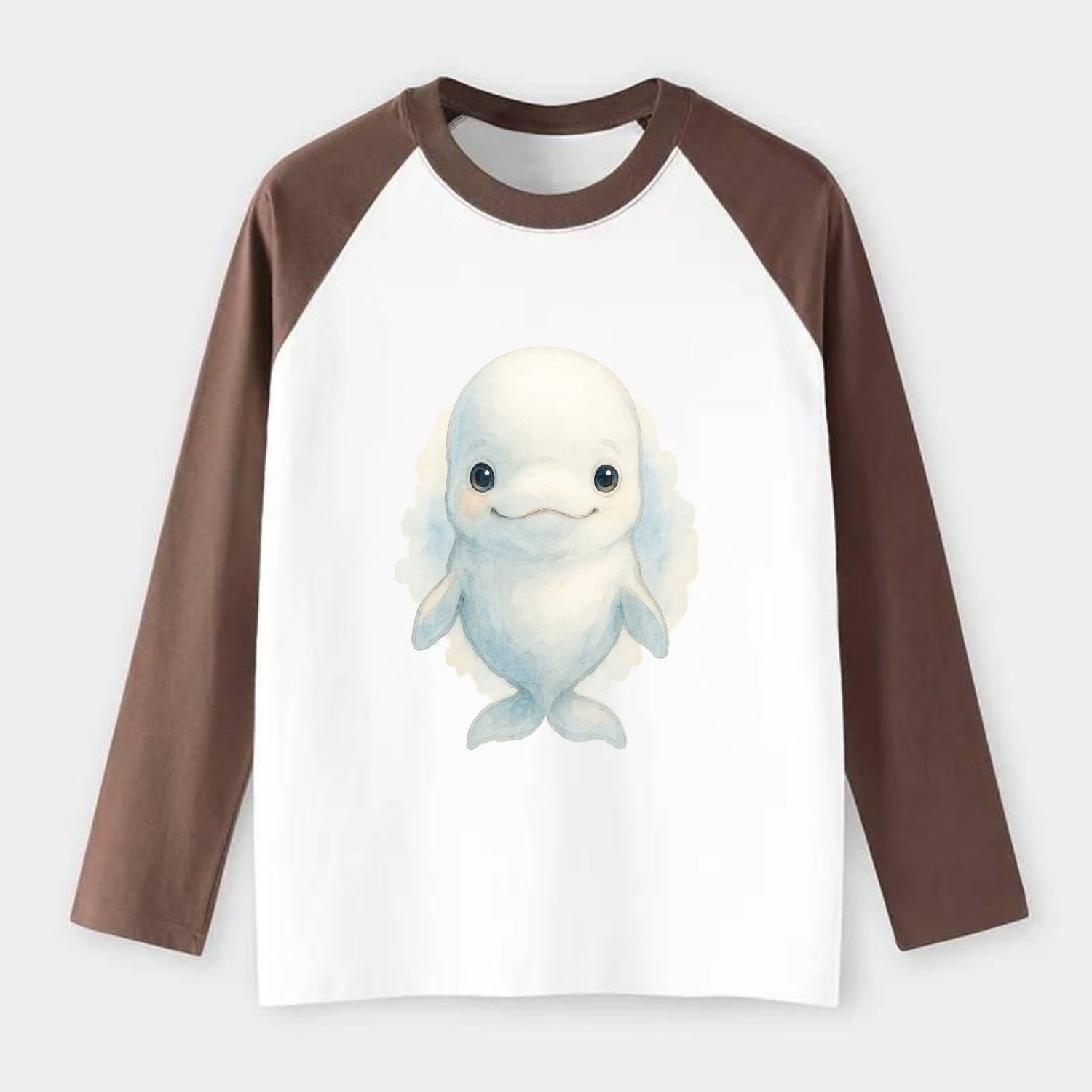 Baby Beluga Whale - pure white, rounded forehead, small eyes with big - Raglan Long Sleeve T-Shirt - Coffee
