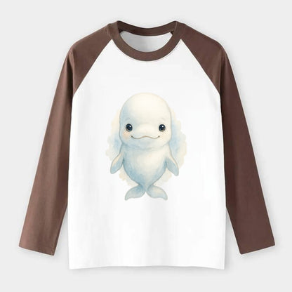Baby Beluga Whale - pure white, rounded forehead, small eyes with big - Raglan Long Sleeve T-Shirt - Coffee