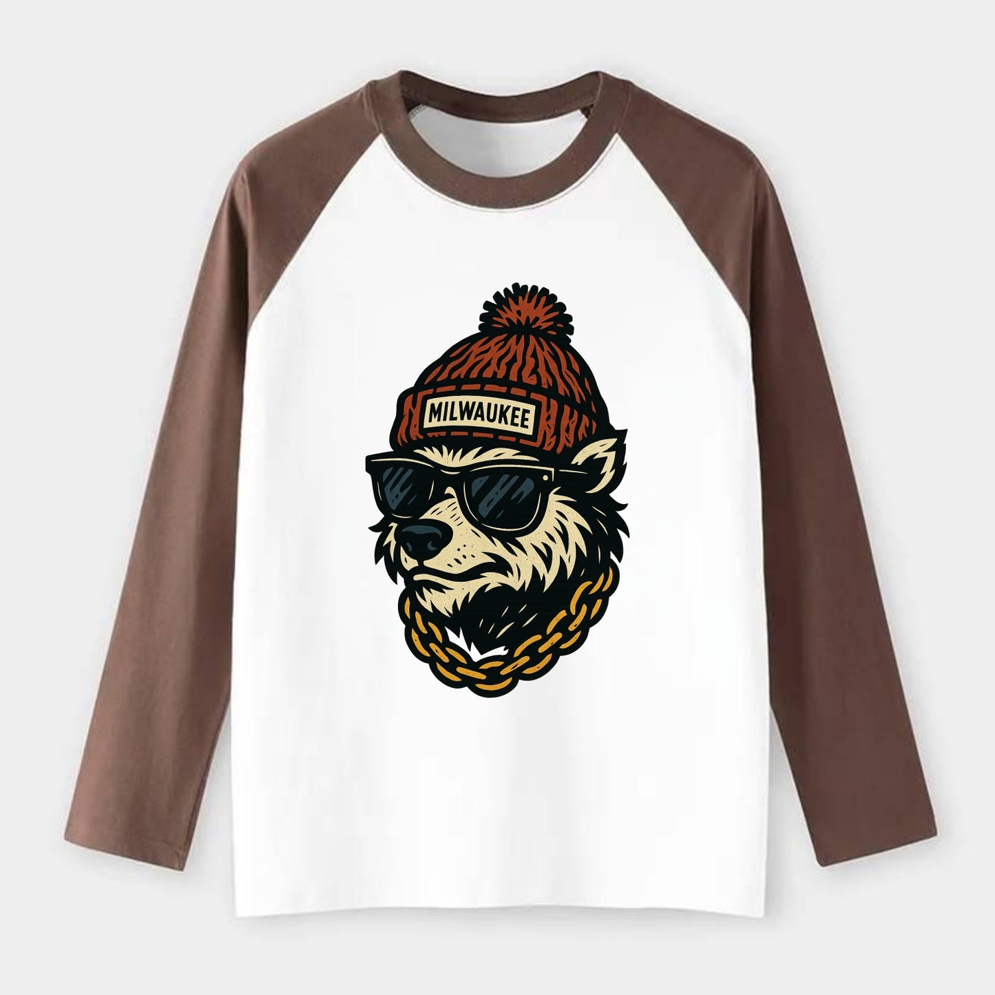 Milwaukee Badger wearing Milwaukee beanie with pom pom and wayfarer - Raglan Long Sleeve T-Shirt - Coffee