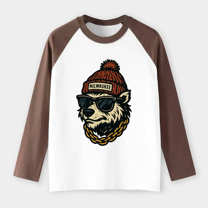 Milwaukee Badger wearing Milwaukee beanie with pom pom and wayfarer - Raglan Long Sleeve T-Shirt - Coffee