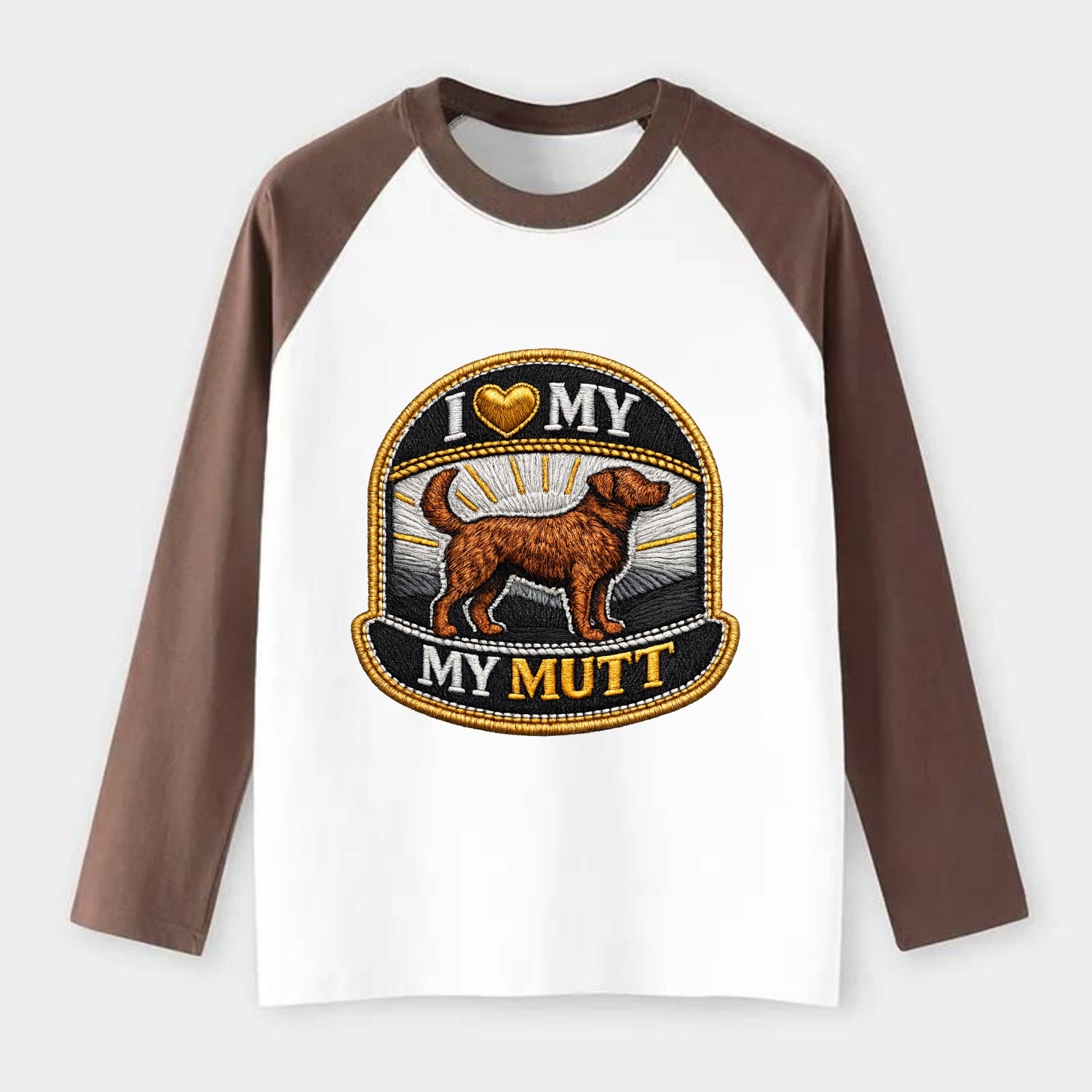 I LOVE MY MUTT - mixed breed silhouette in brown , rescue pride - Raglan Long Sleeve T-Shirt - Coffee