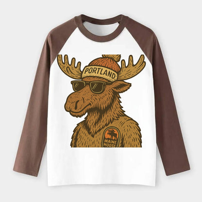 Maine Moose wearing Portland beanie with pom pom and wayfarer - Raglan Long Sleeve T-Shirt - Coffee