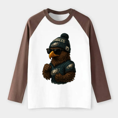 Philly Hawk wearing Eagles beanie with Rocky patch and wayfarer - Raglan Long Sleeve T-Shirt - Coffee