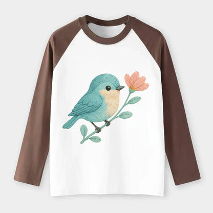 Aqua Chickadee - Raglan Long Sleeve T-Shirt - Coffee
