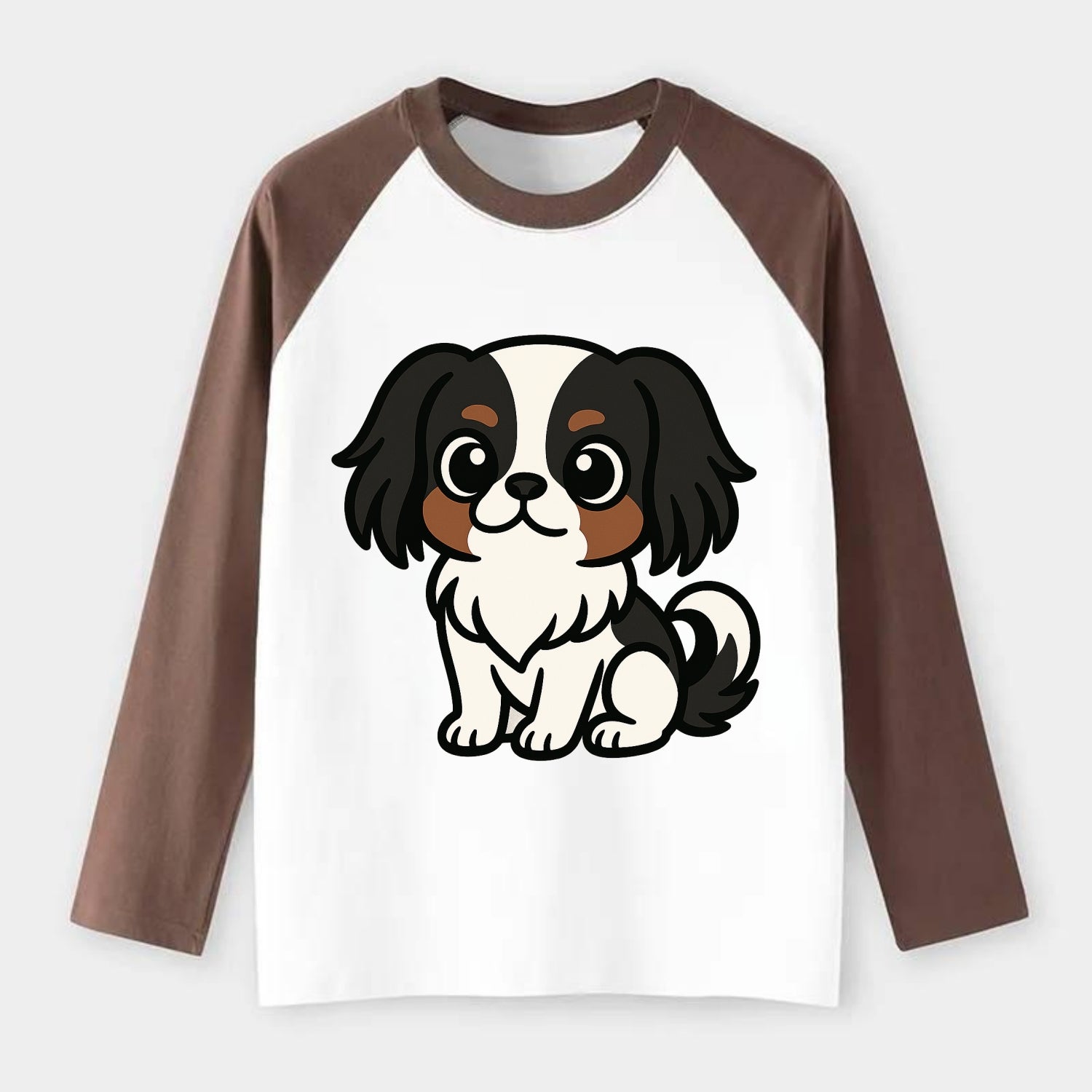 Japanese Chin - Black and white sitting pose - Raglan Long Sleeve T-Shirt - Coffee