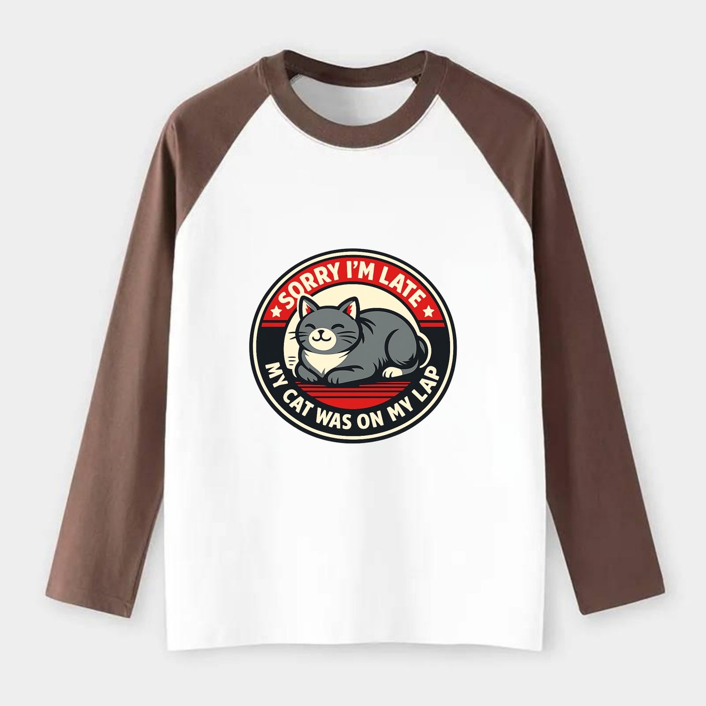 Charming Cat Loaf Excuse Emblem - Raglan Long Sleeve T-Shirt - Coffee