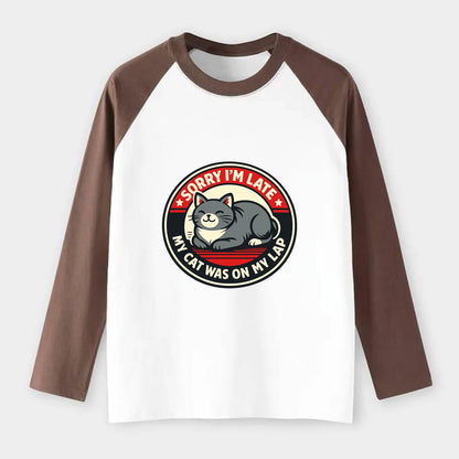 Charming Cat Loaf Excuse Emblem - Raglan Long Sleeve T-Shirt - Coffee