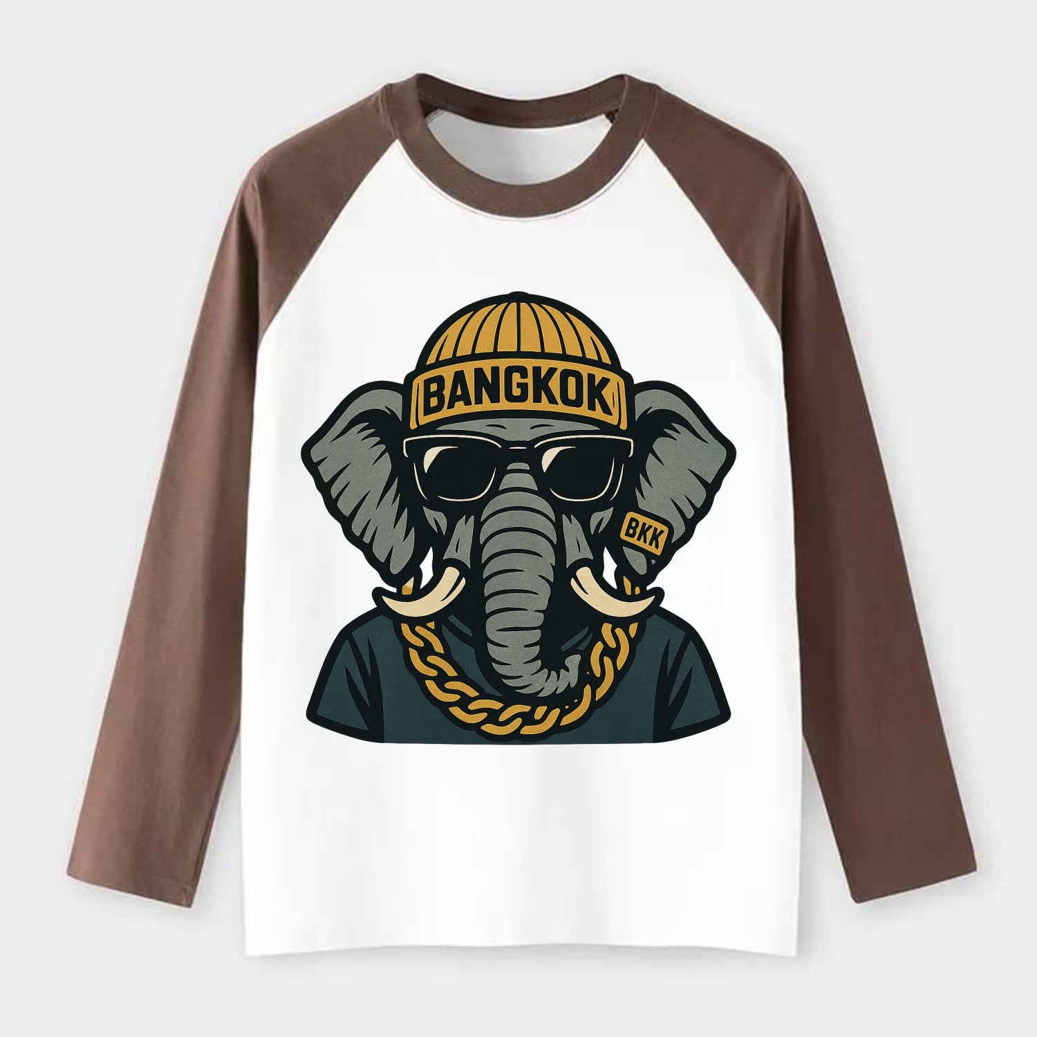 Bangkok Elephant - Raglan Long Sleeve T-Shirt - Coffee