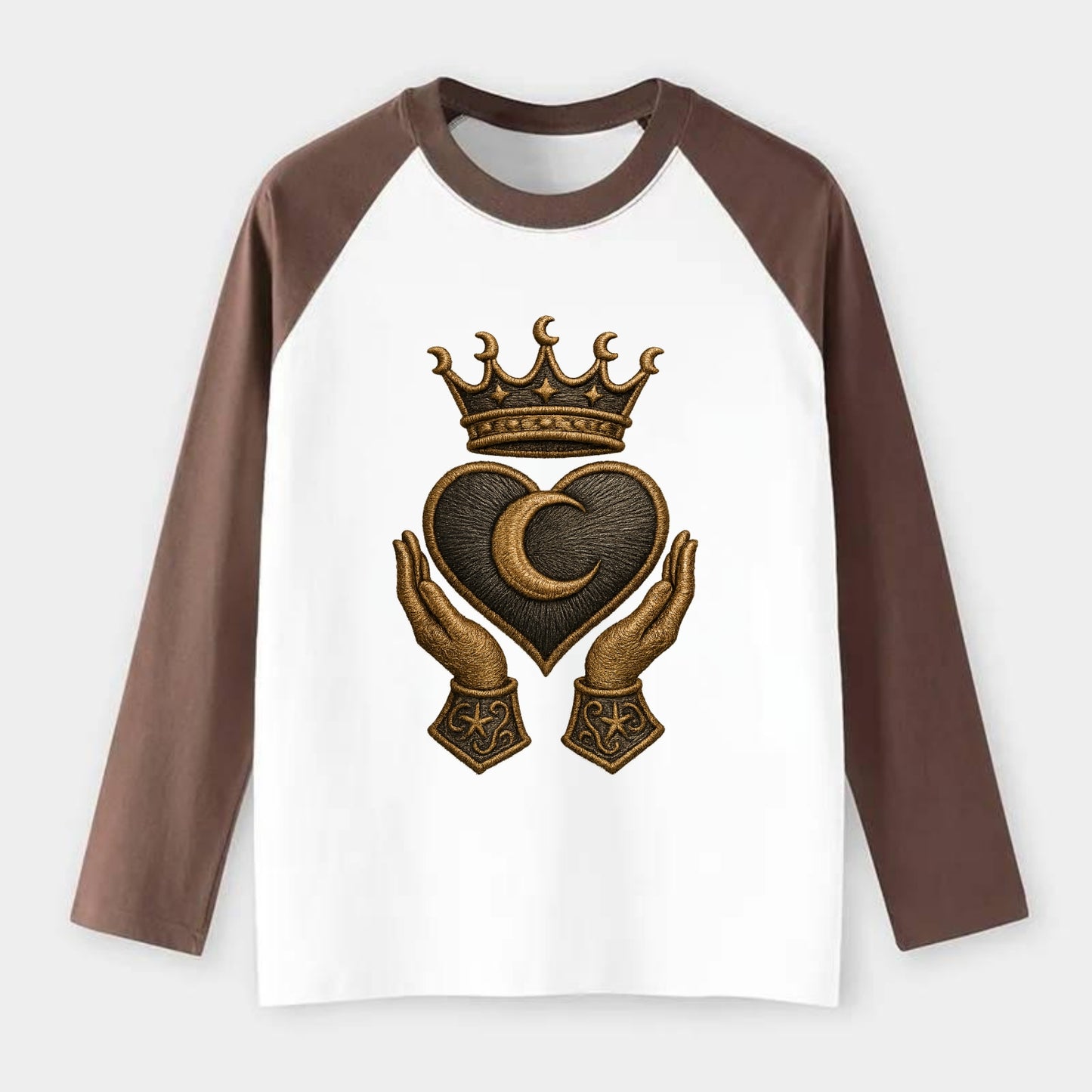 Moonlit crescent crown cradling a hematite heart with stargazer hands - Raglan Long Sleeve T-Shirt - Coffee