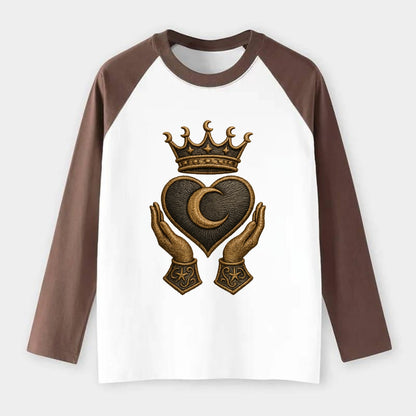Moonlit crescent crown cradling a hematite heart with stargazer hands - Raglan Long Sleeve T-Shirt - Coffee
