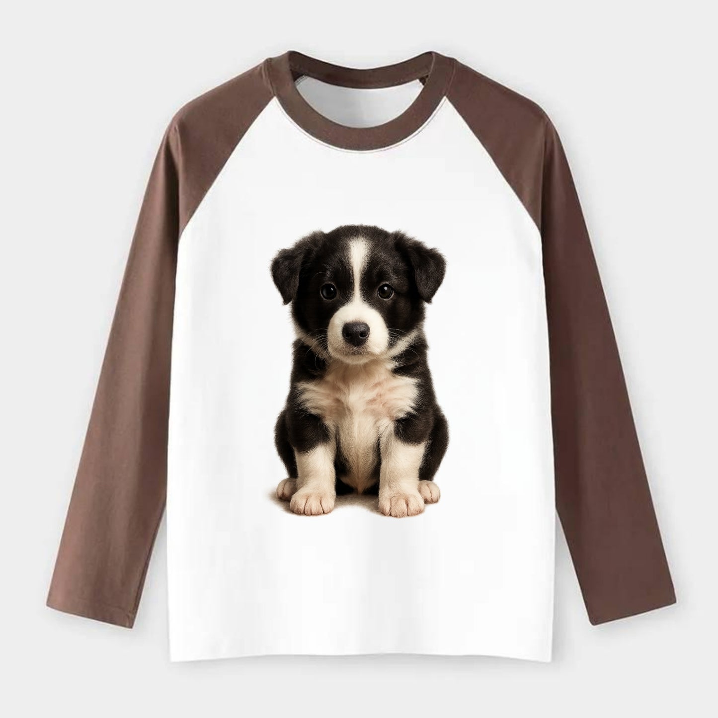Baby Border Collie Puppy - black and white, intense smart eyes, - Raglan Long Sleeve T-Shirt - Coffee