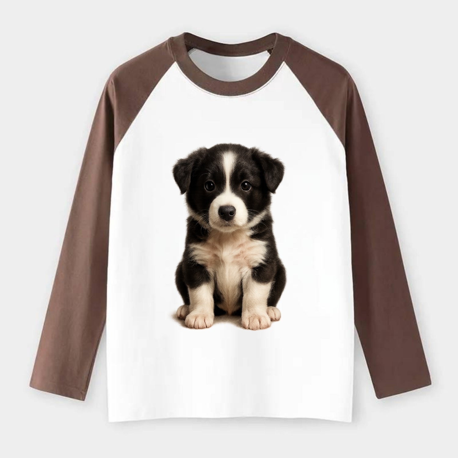 Baby Border Collie Puppy - black and white, intense smart eyes, - Raglan Long Sleeve T-Shirt - Coffee