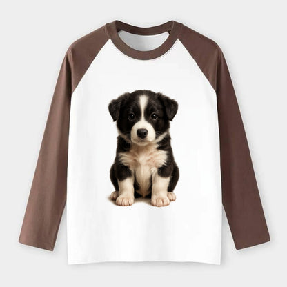 Baby Border Collie Puppy - black and white, intense smart eyes, - Raglan Long Sleeve T-Shirt - Coffee