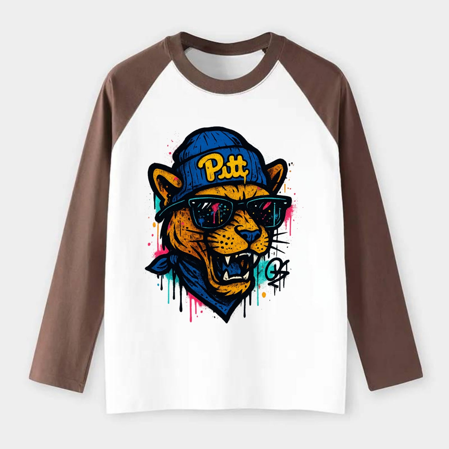 Pittsburgh Panther wearing Pitt beanie with script patch - Raglan Long Sleeve T-Shirt - Coffee