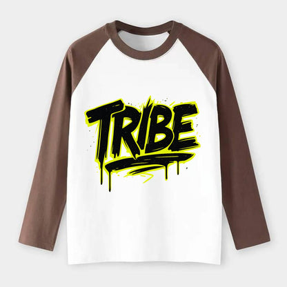 Bold typography design - "TRIBE" - your community, your group - Raglan Long Sleeve T-Shirt - Coffee