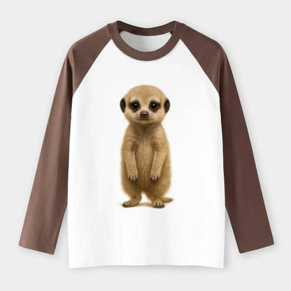Baby Meerkat - tan fur, dark eye patches, alert stance, bright eyes, - Raglan Long Sleeve T-Shirt - Coffee