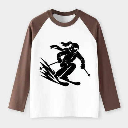 Skier carving down snowy slope - Raglan Long Sleeve T-Shirt - Coffee