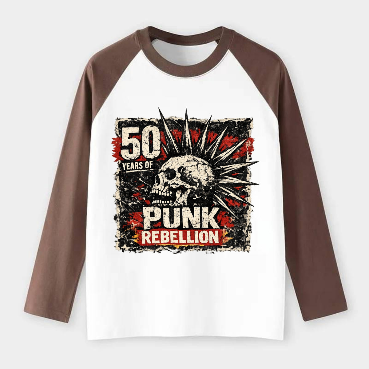 MOHAWK RISING | Spiked hair silhouette | Liberty spikes | Punk - Raglan Long Sleeve T-Shirt - Coffee