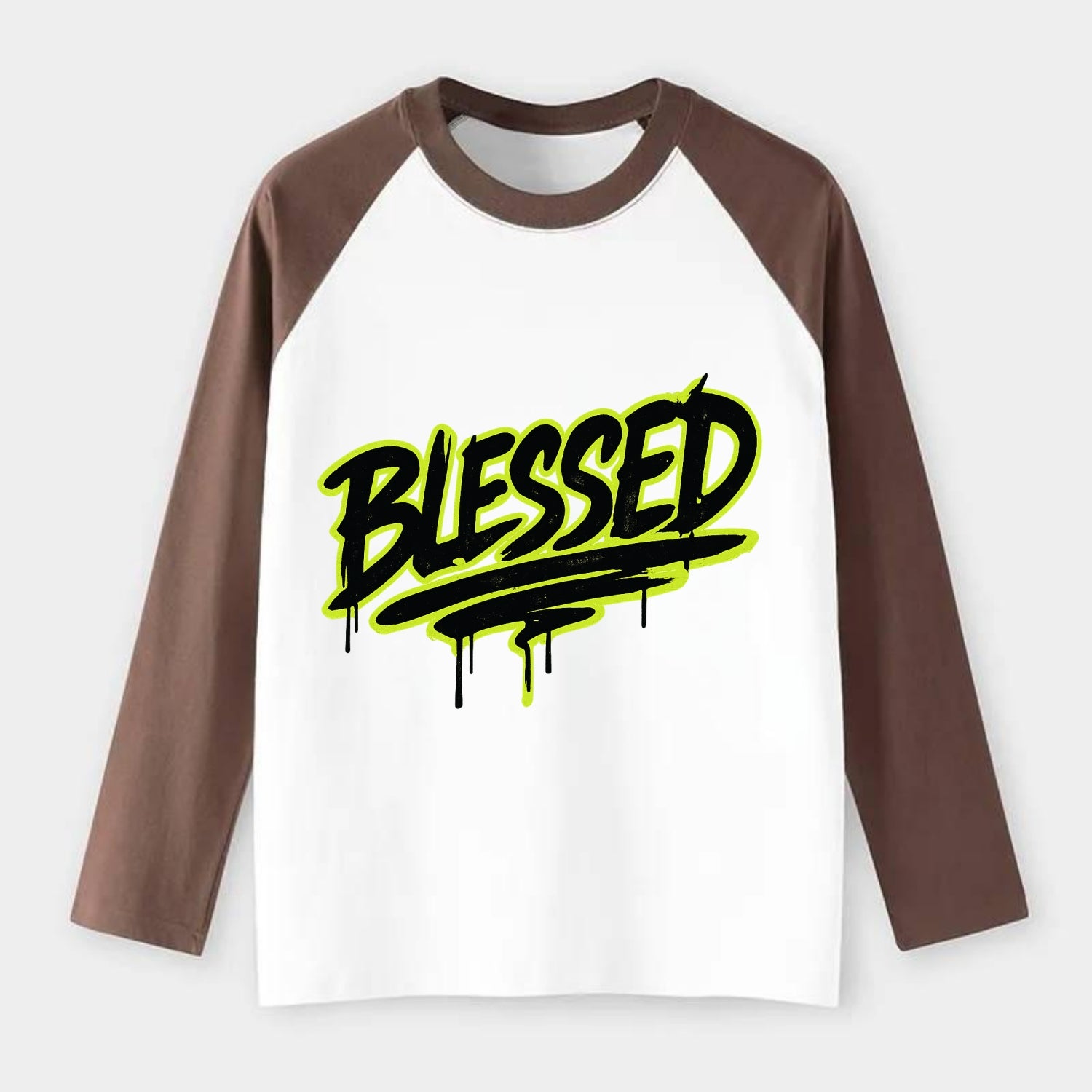 Bold typography design - "BLESSED" - recognizing good fortune, - Raglan Long Sleeve T-Shirt - Coffee