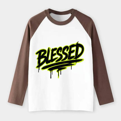 Bold typography design - "BLESSED" - recognizing good fortune, - Raglan Long Sleeve T-Shirt - Coffee