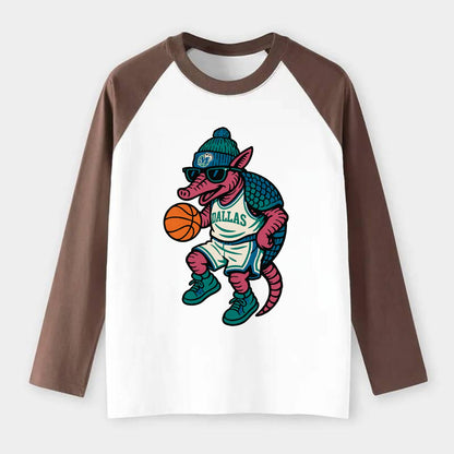 Dallas Armadillo wearing Mavericks beanie with cowboy hat patch and - Raglan Long Sleeve T-Shirt - Coffee