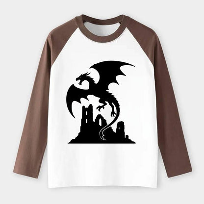 Dragon flying over castle ruins - Raglan Long Sleeve T-Shirt - Coffee