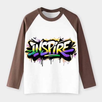 Bold typography design - "INSPIRE" - motivating others, being the spark - Raglan Long Sleeve T-Shirt - Coffee