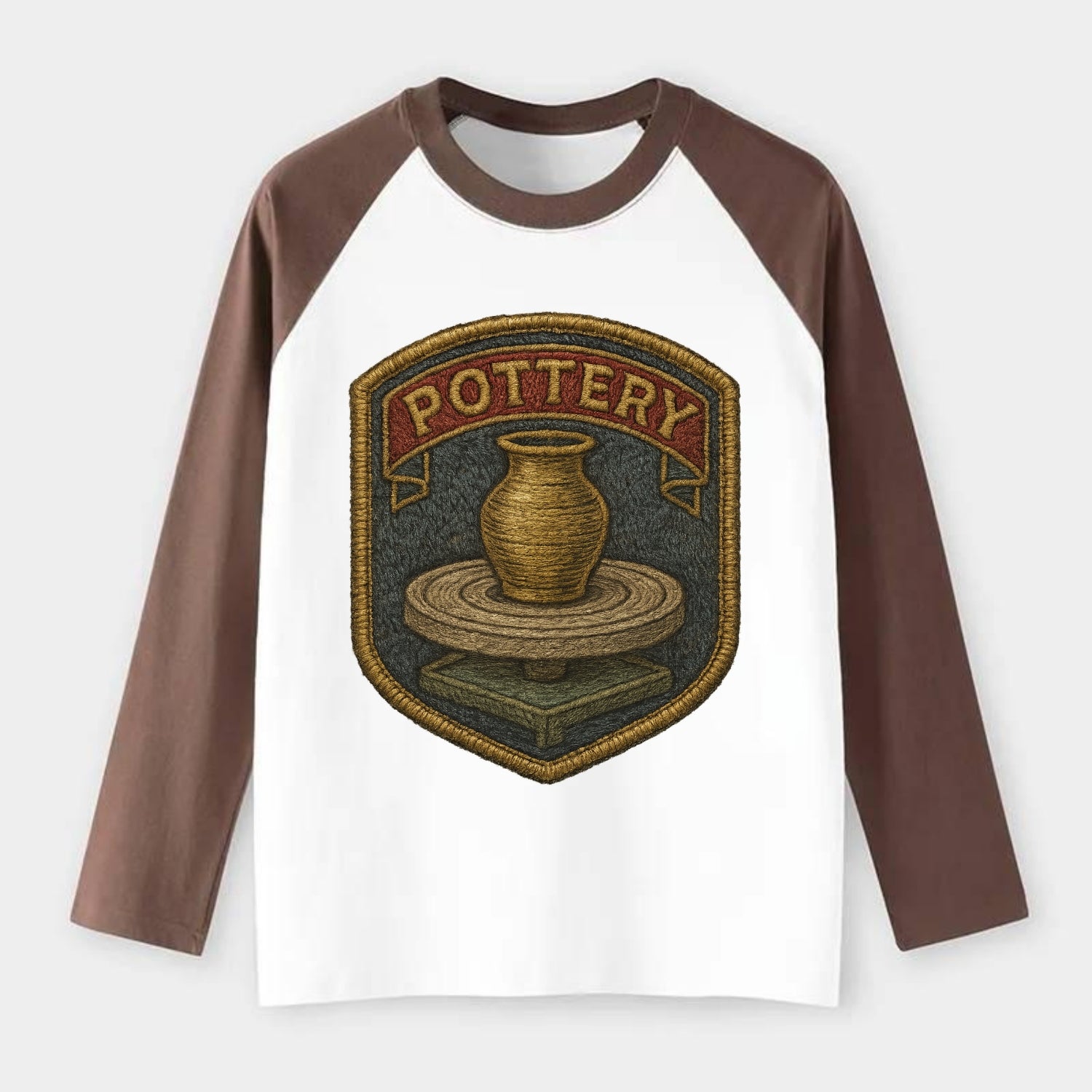 Pottery wheel with clay vessel - ceramicist symbol - Raglan Long Sleeve T-Shirt - Coffee