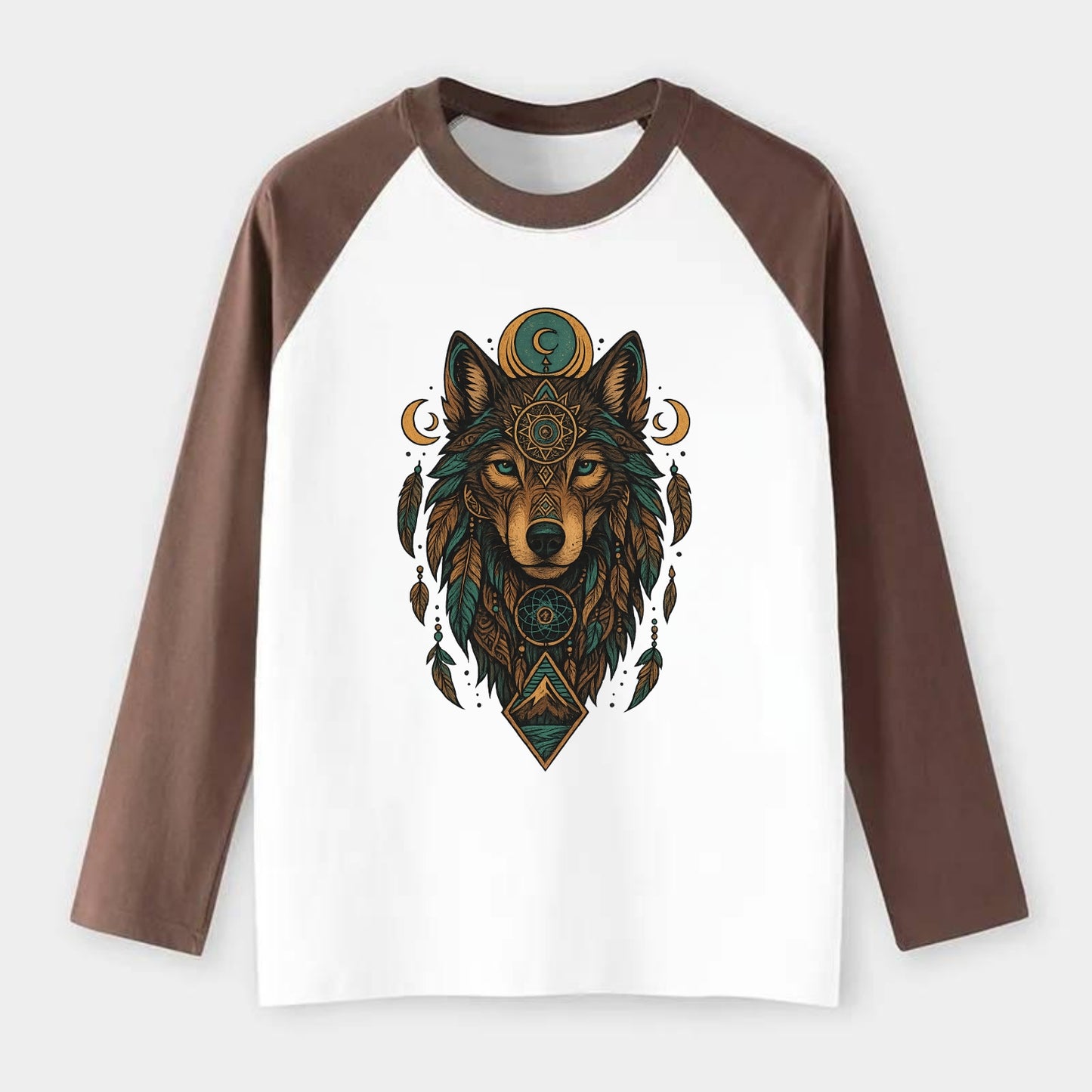Retro 80s Wolf  - Raglan Long Sleeve T-Shirt - Coffee