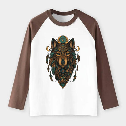 Retro 80s Wolf  - Raglan Long Sleeve T-Shirt - Coffee