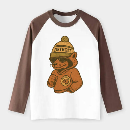 Michigan Wolverine wearing Detroit beanie with pom pom and wayfarer - Raglan Long Sleeve T-Shirt - Coffee