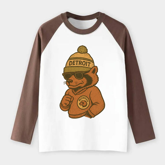 Michigan Wolverine wearing Detroit beanie with pom pom and wayfarer - Raglan Long Sleeve T-Shirt - Coffee