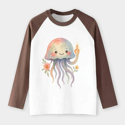jellyfish with kawaii face and tentacles, one tentacle pointing up - Raglan Long Sleeve T-Shirt - Coffee