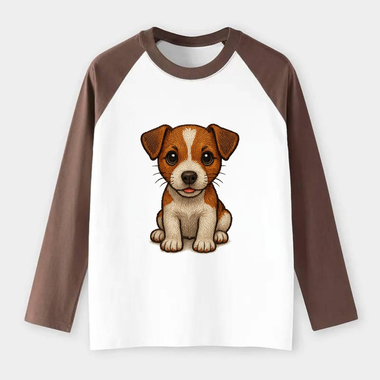 Baby Jack Russell Terrier Puppy - white with markings, alert ears, - Raglan Long Sleeve T-Shirt - Coffee