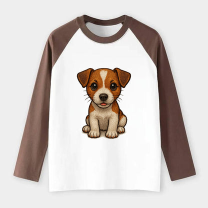 Baby Jack Russell Terrier Puppy - white with markings, alert ears, - Raglan Long Sleeve T-Shirt - Coffee
