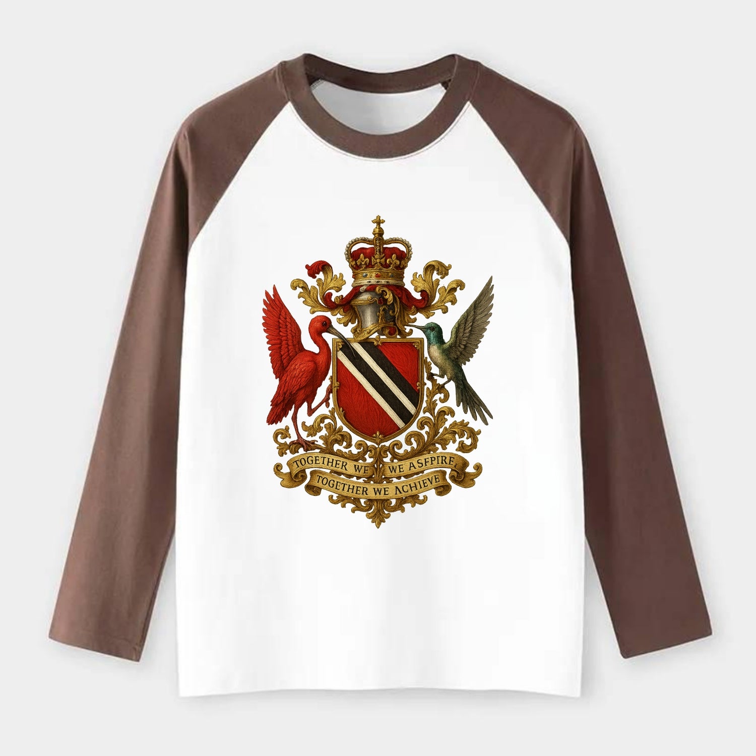 Trinidad Scarlet Ibis Emblem - Raglan Long Sleeve T-Shirt - Coffee